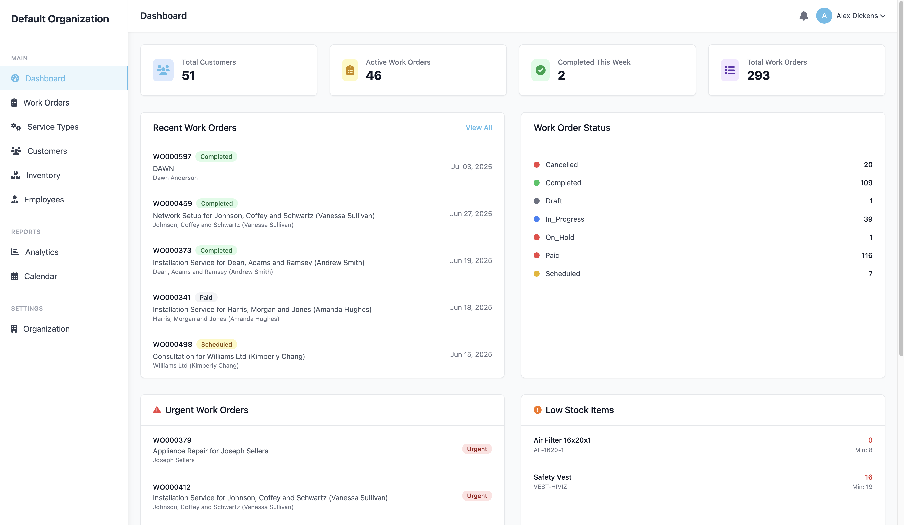 SworkO Dashboard - Complete work order management system interface showing customer management, inventory tracking, and work order scheduling